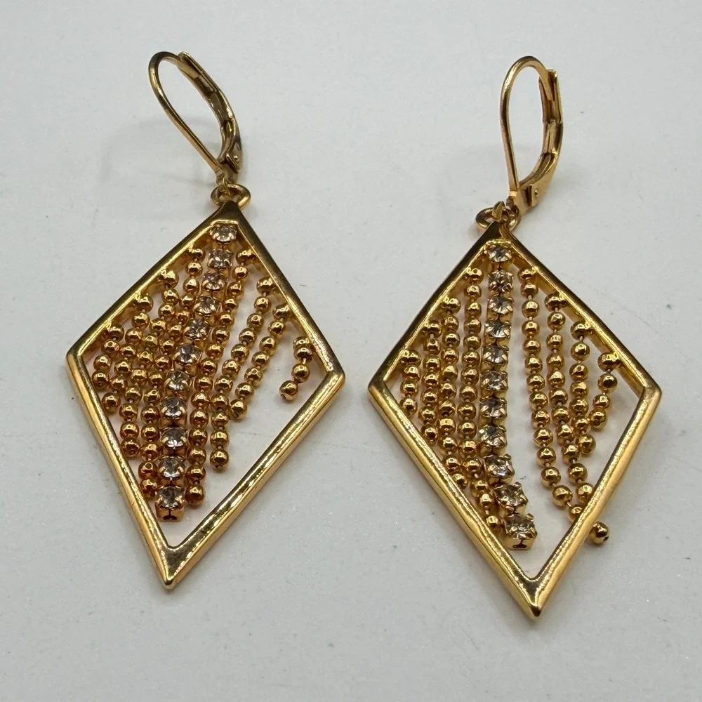 Gold Tone Rhinestone Diamond Shape Dangle Earrings Beaded Fringe Statement Party